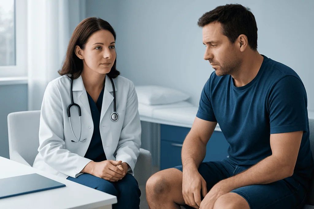 Doctor consulting with a male patient about his injury in a medical office.