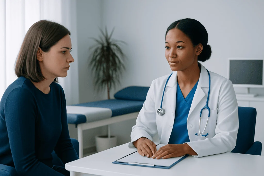 Doctor consulting patient in a medical office setting.