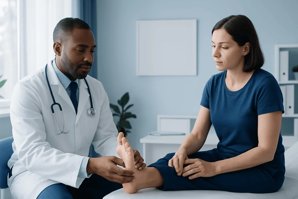 Doctor examining patient's foot in a clinical setting.