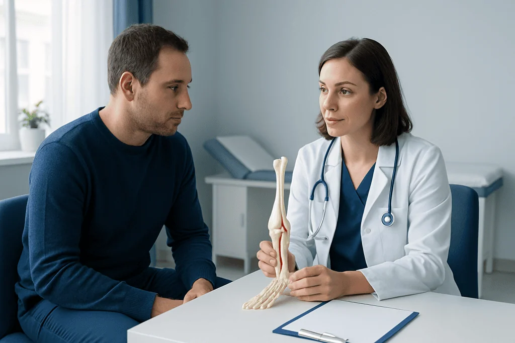 Doctor explaining fibula fracture to patient with bone model in clinic.
