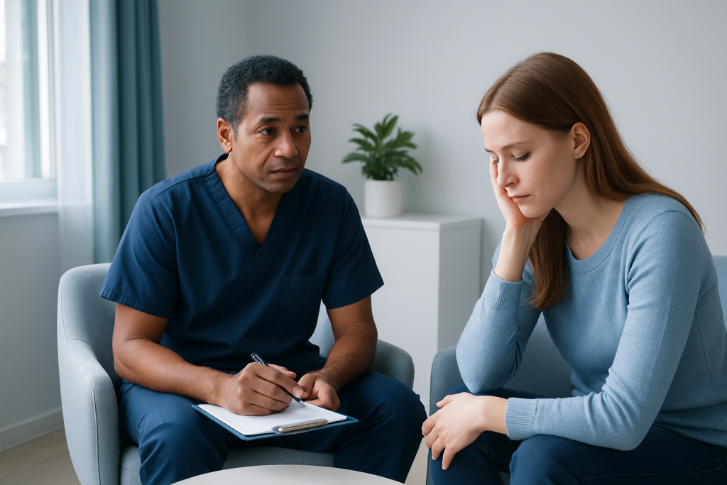Therapist listening to a patient during a counseling session at Acibadem Hospitals.