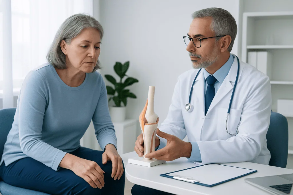 Doctor explaining knee joint model to an elderly woman in a consultation room.