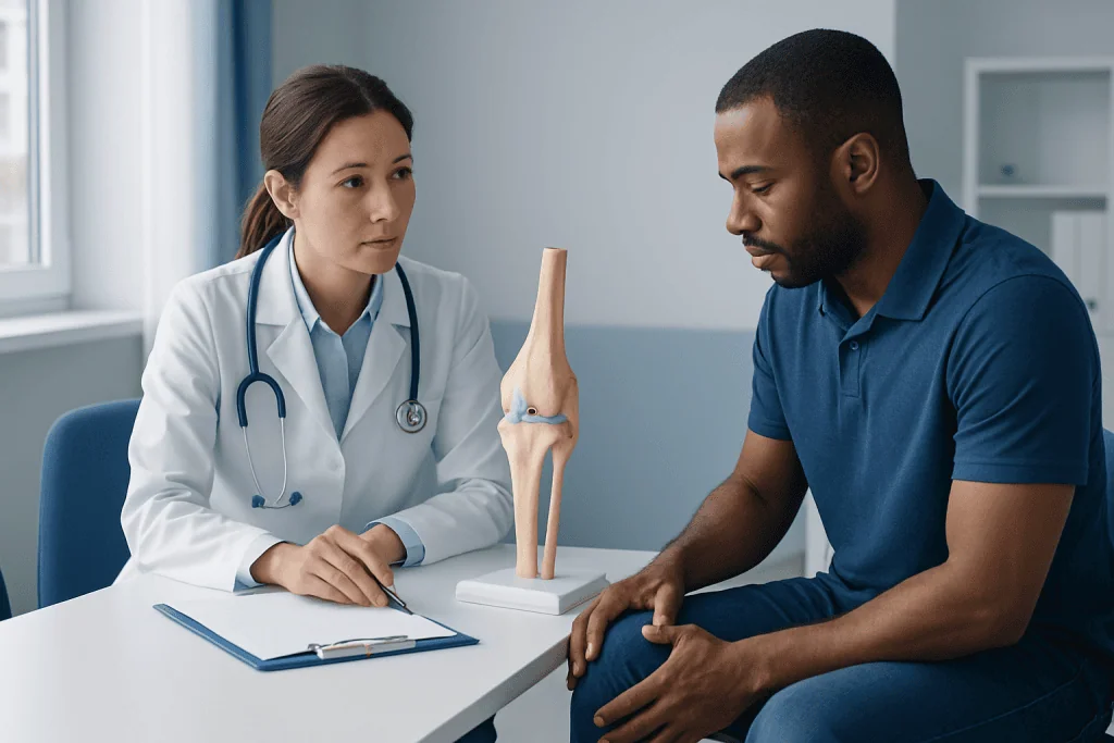 Doctor explaining knee ligament anatomy to patient in consultation room.