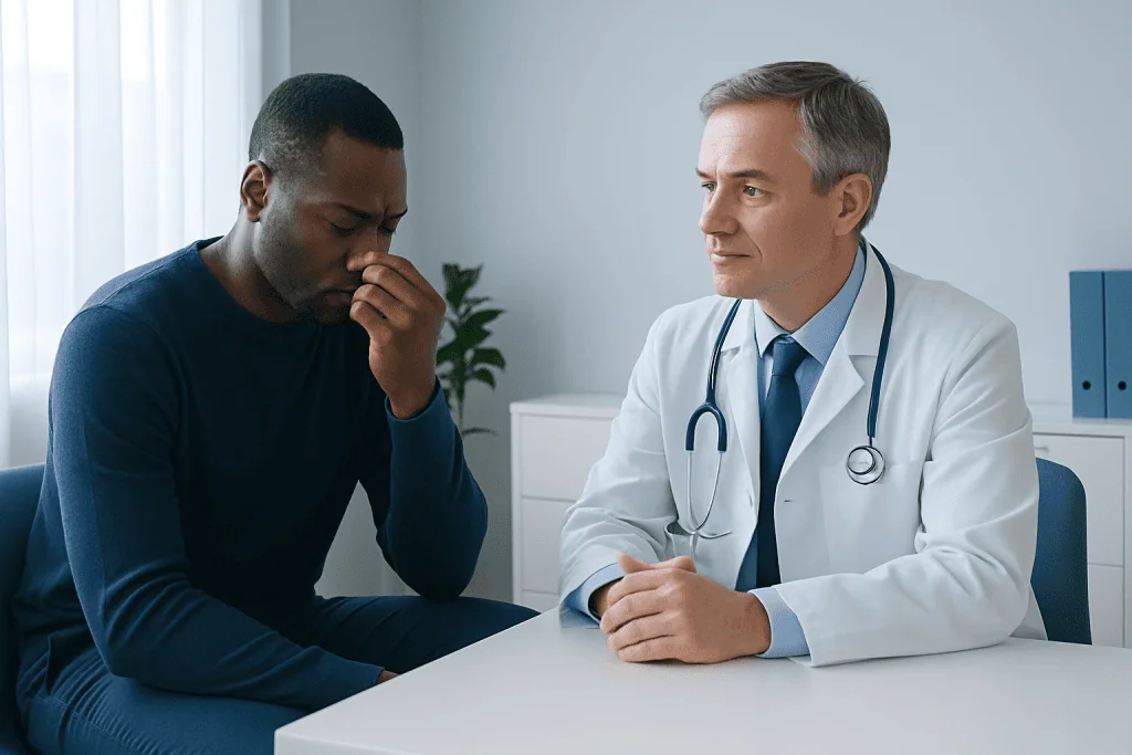 Doctor consulting with patient about smell disorder in a clinical setting.