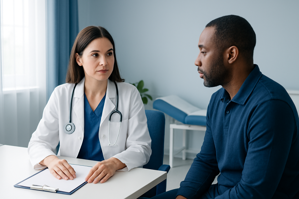 Doctor consulting patient in a medical office setting.