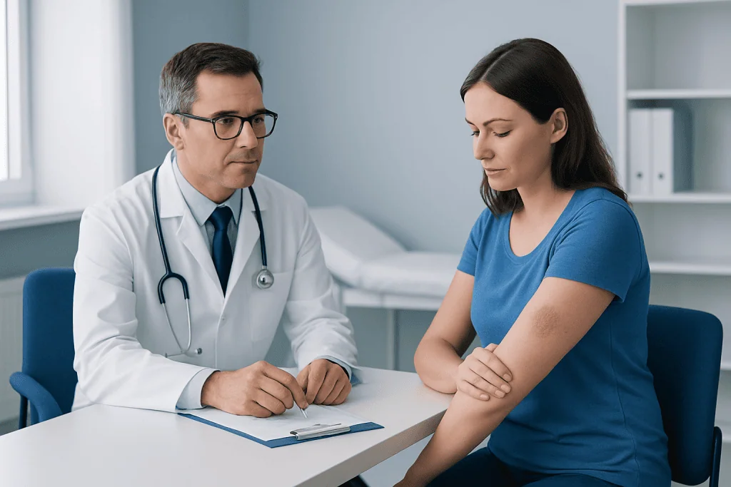 Doctor consulting with a female patient in a medical office.