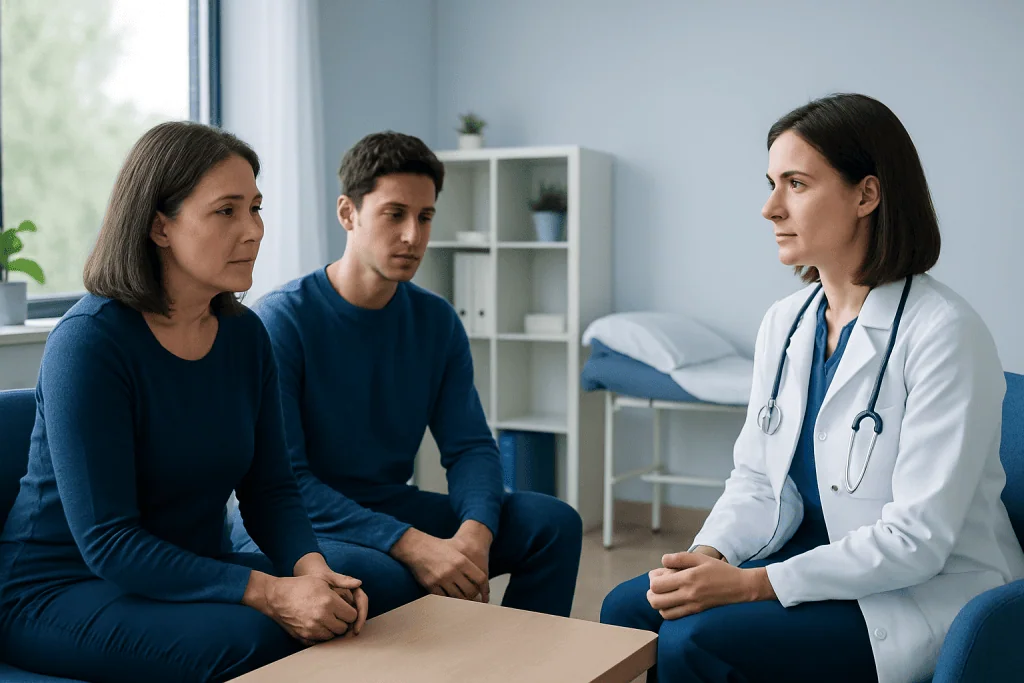 Doctor consulting with a woman and a young man in a medical office.