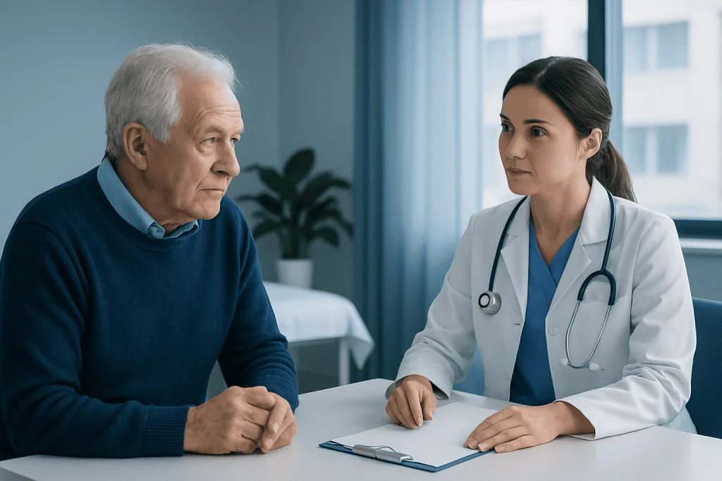 Doctor consulting with elderly patient in a medical office.