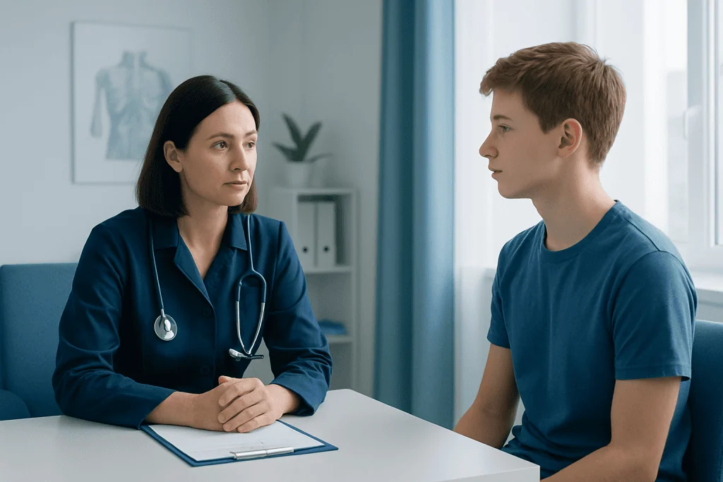Doctor consulting with a young male patient in a medical office.