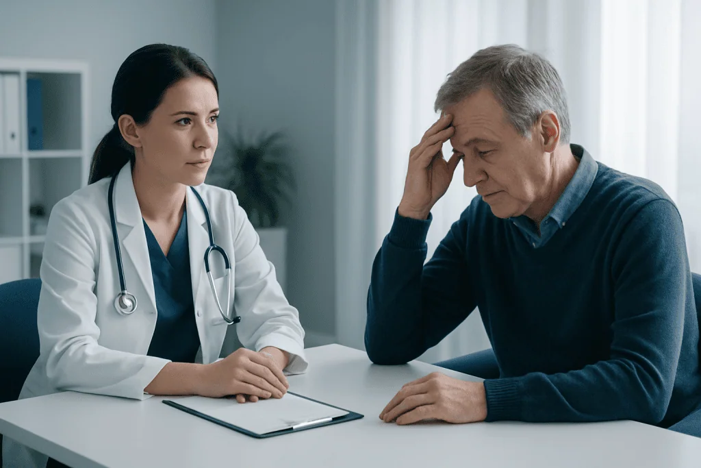 Doctor consulting with a worried male patient in a medical office.