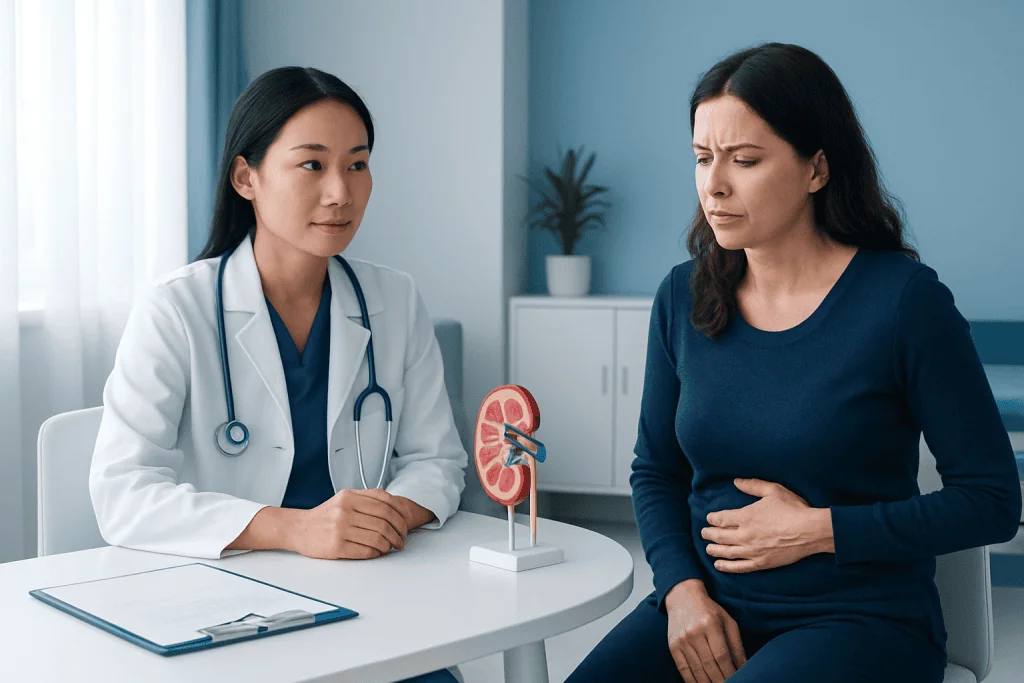 Doctor explaining kidney health to patient in a consultation room.