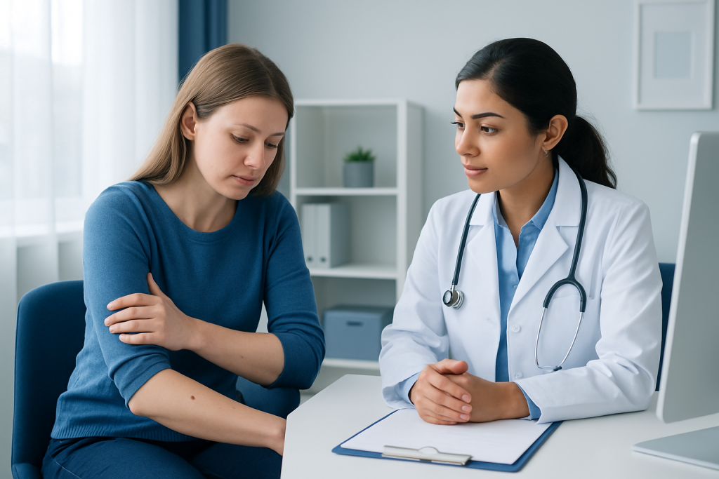 Doctor consulting with a patient about dermatofibroma treatment options.