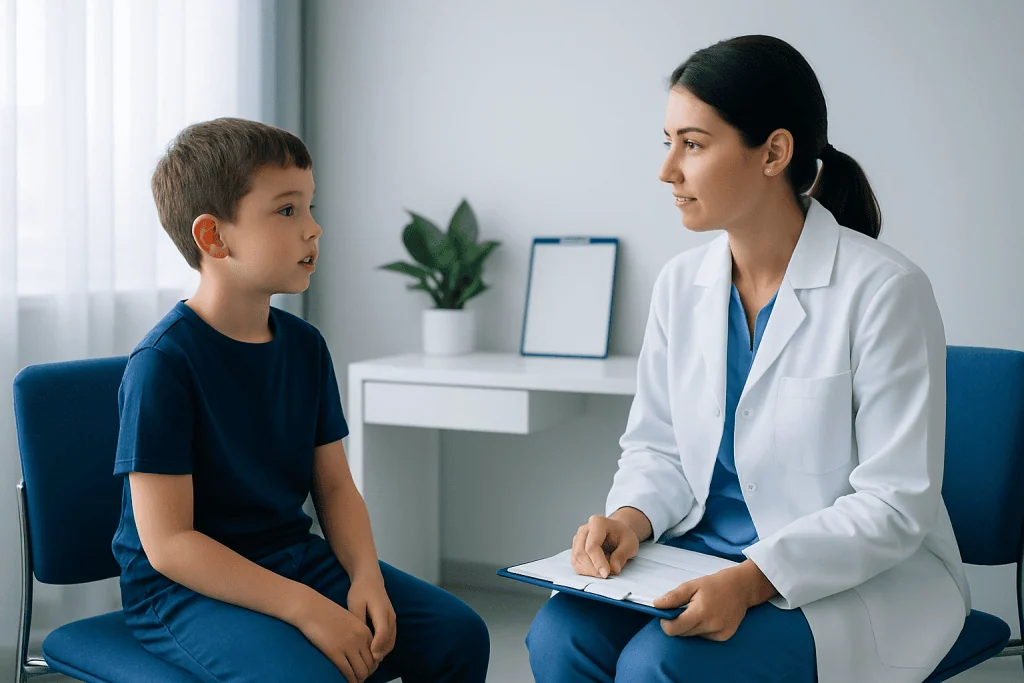 Child consulting with a speech therapist in a clinical setting.