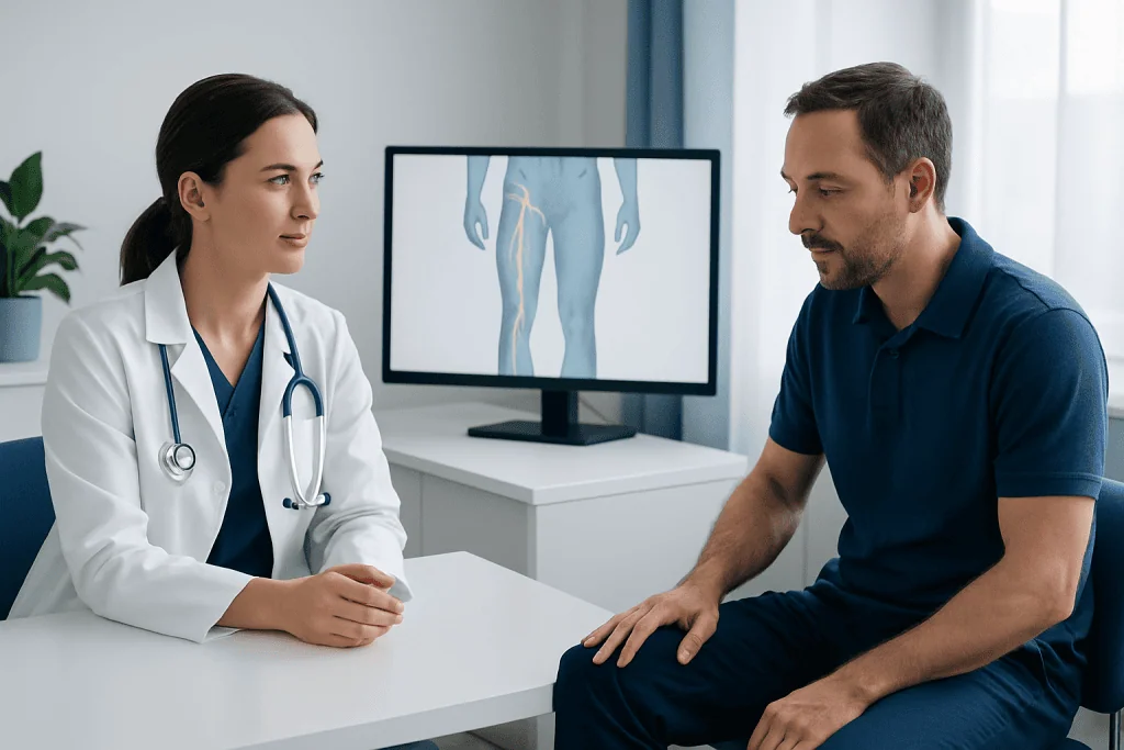 Doctor consulting patient about femoral nerve with medical diagram in background.