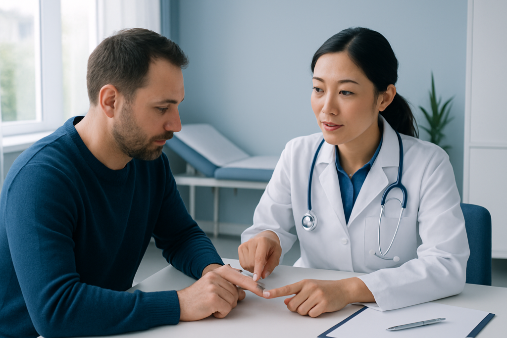 Doctor explaining medical information to a patient in a consultation room.