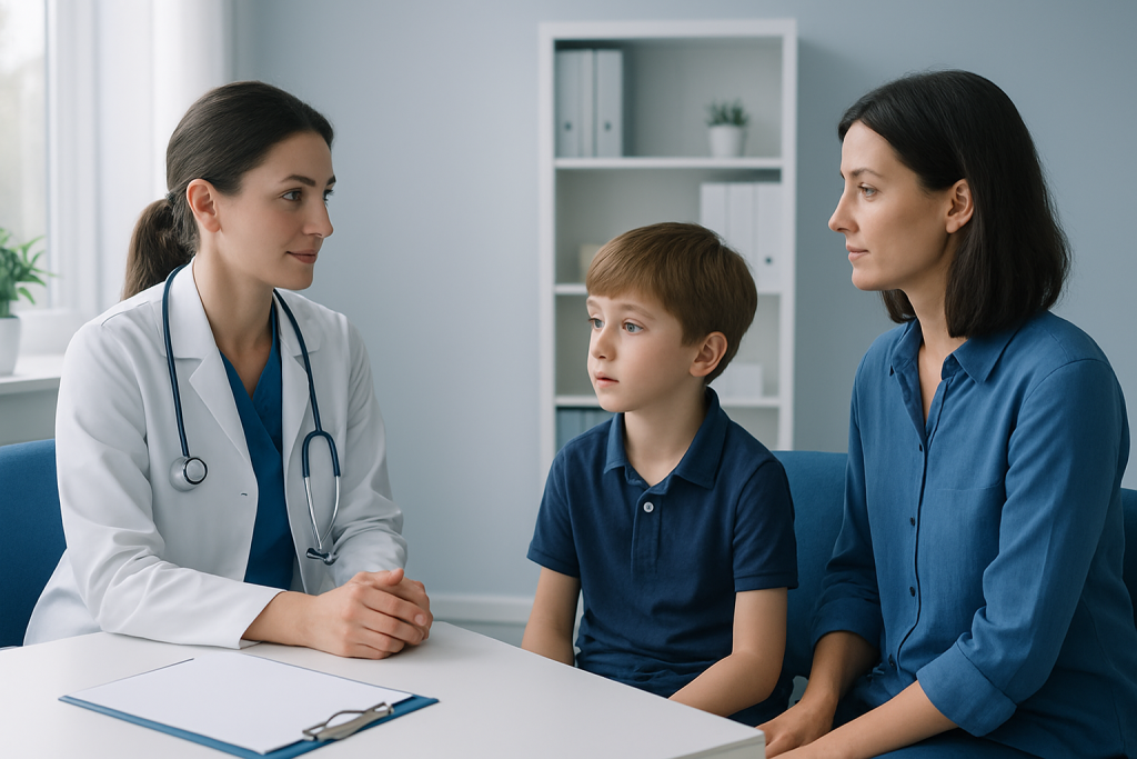 Doctor consulting with a young boy and his mother in a medical office.