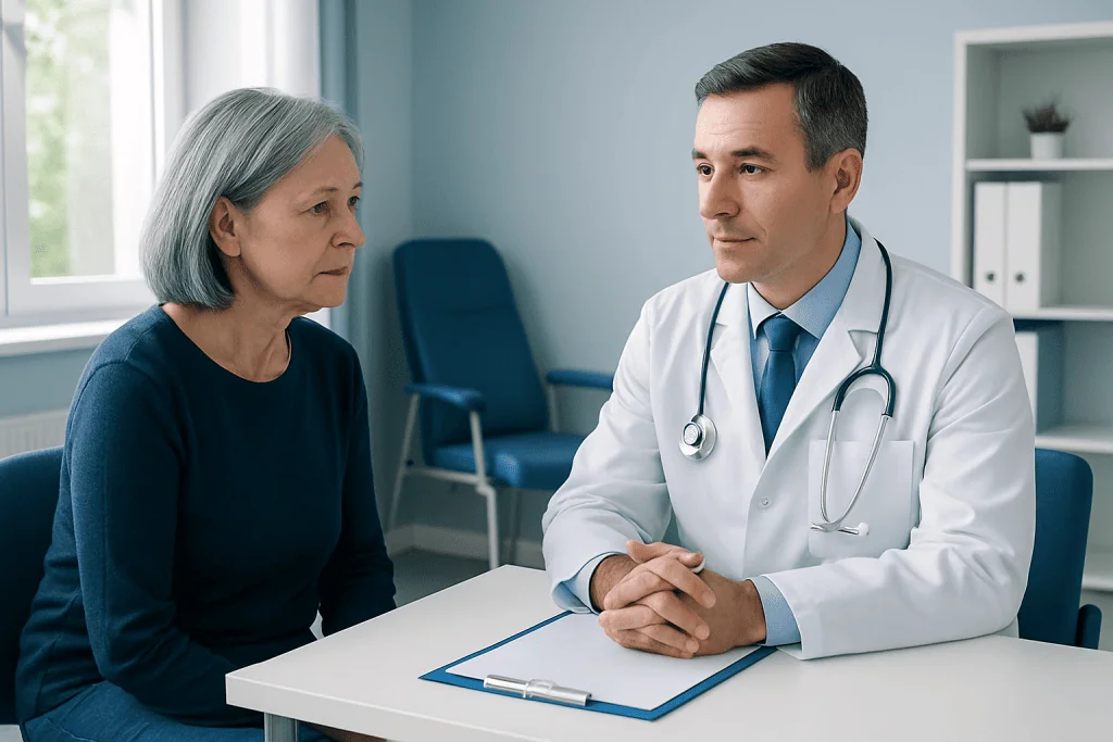 Doctor consulting with an elderly female patient in a medical office.