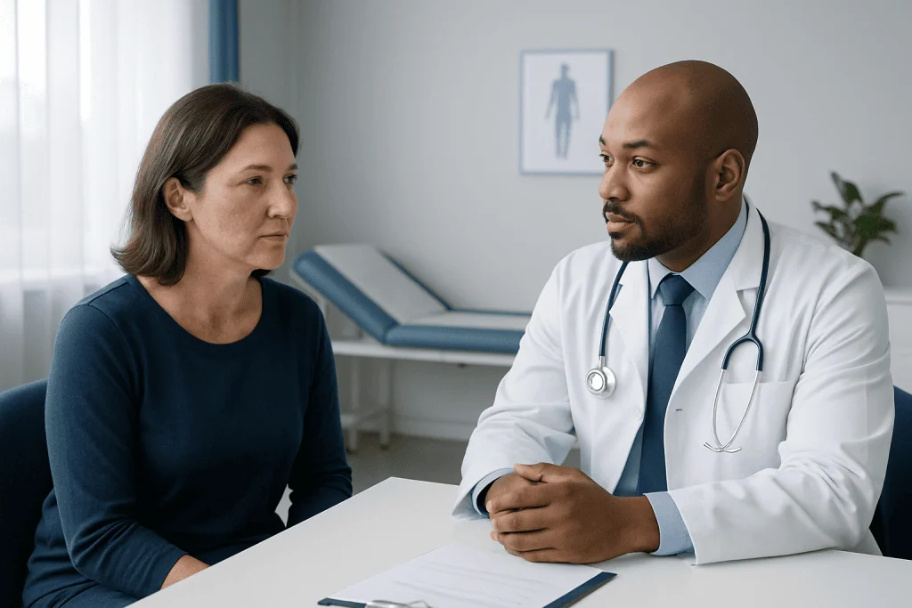 Doctor consulting with a female patient in a medical office.
