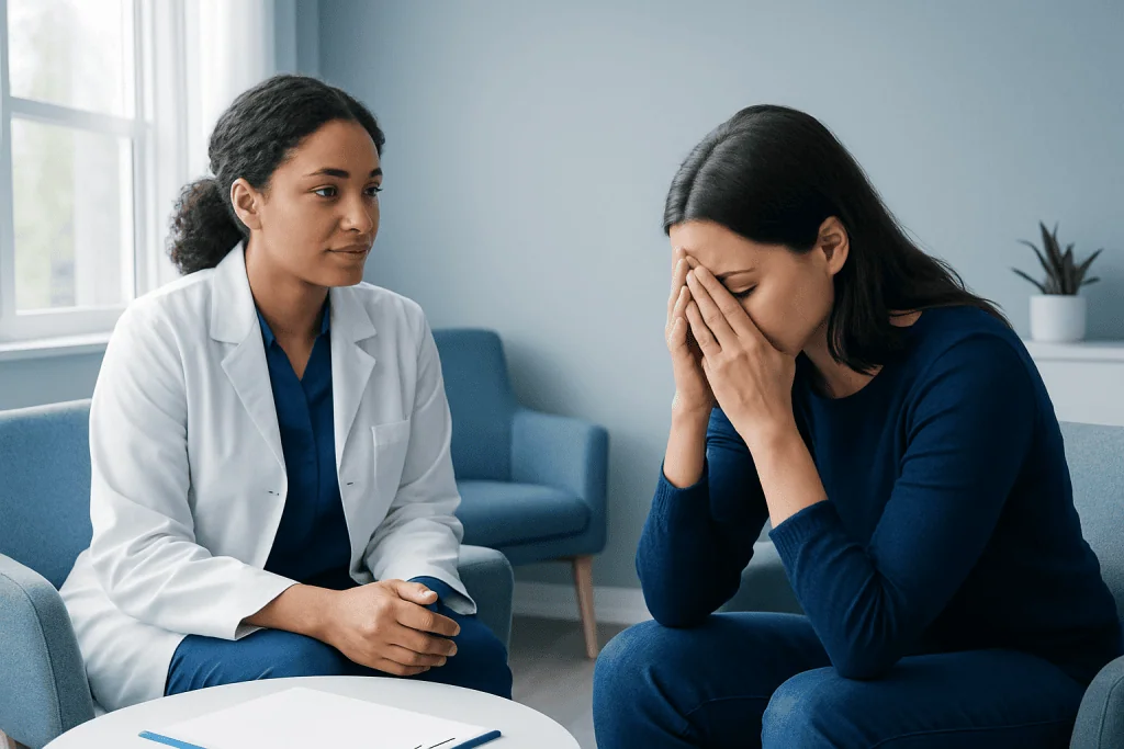 Psychologist listening to a patient with intrusive thoughts in a therapy session.