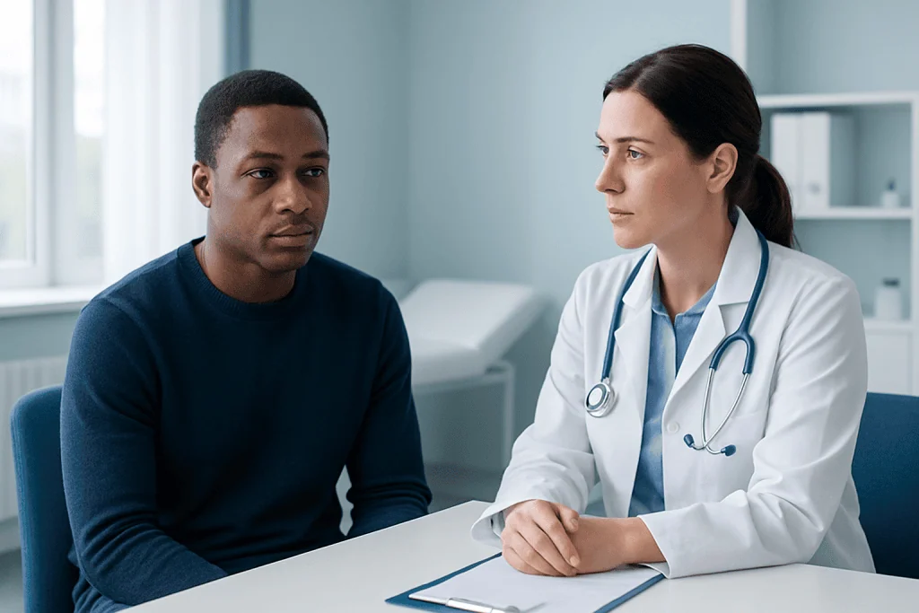 Doctor consulting with a patient in a modern medical office.