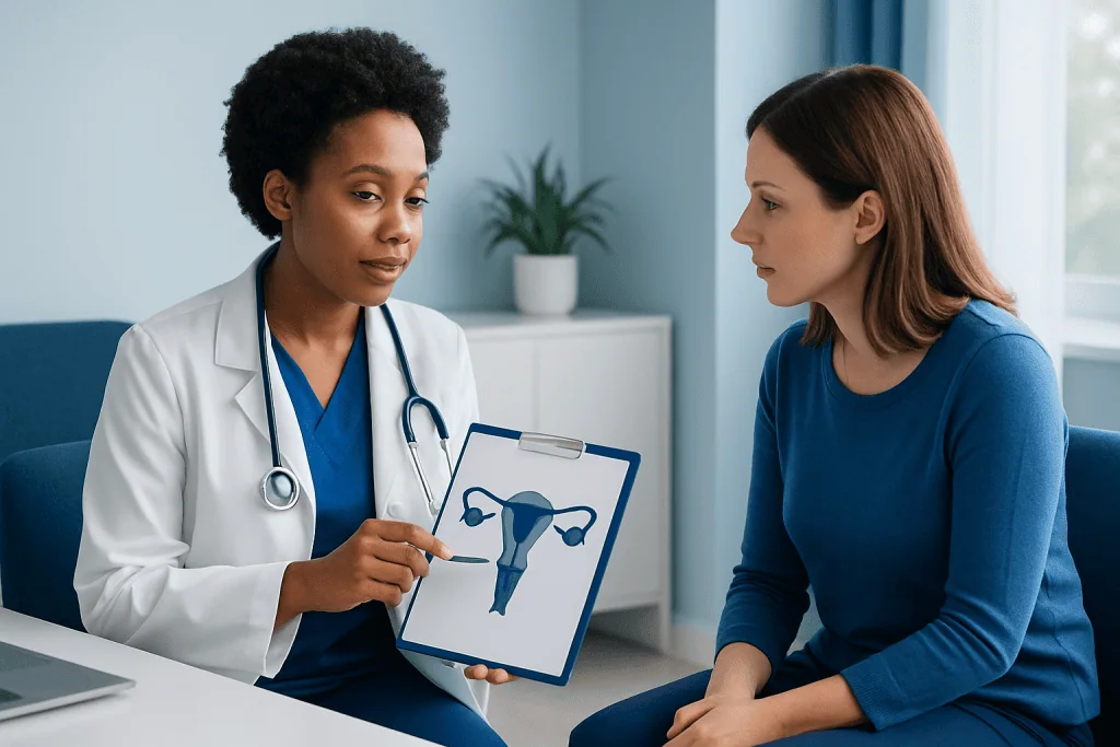 Gynecologist explaining uterine health to patient with diagram.