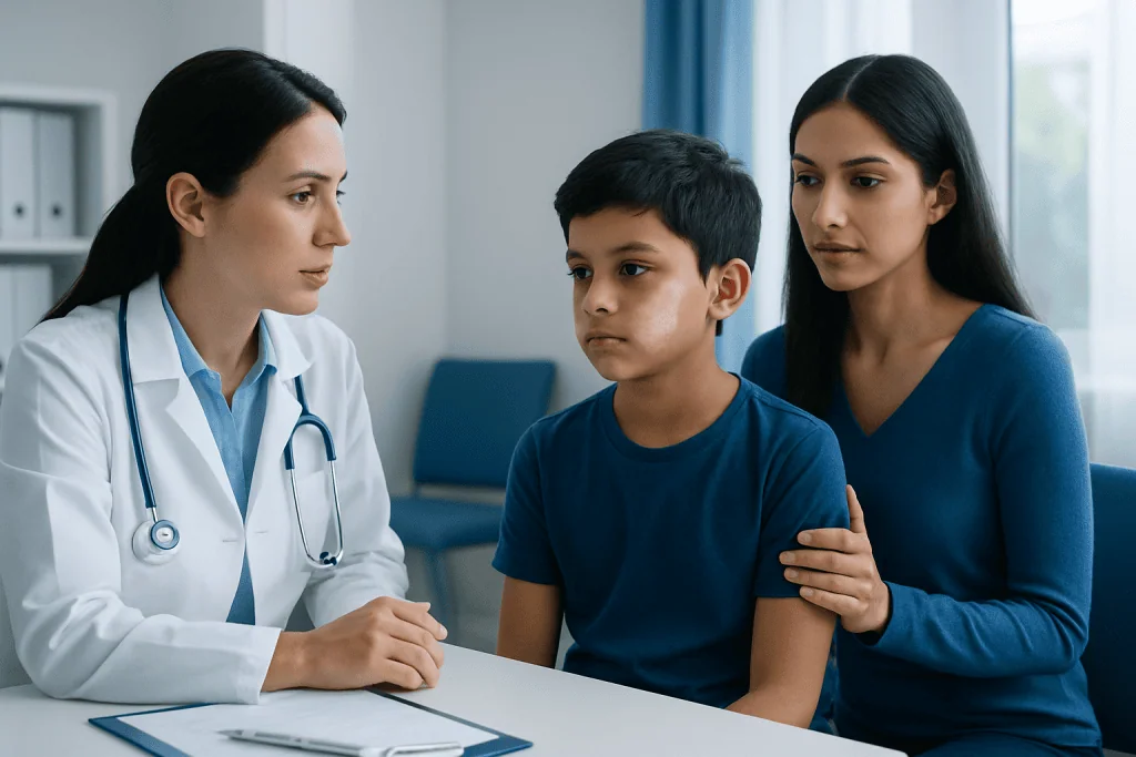 Doctor consulting a young boy with his mother in a medical office.