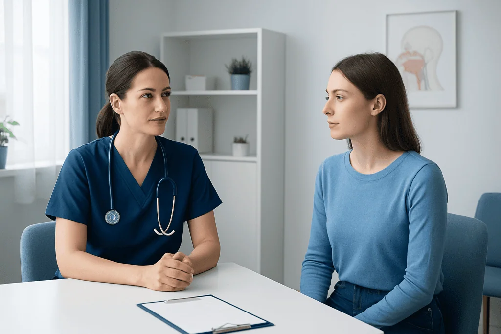 Doctor consulting with a young female patient in a medical office.