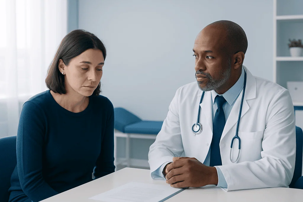 Doctor consulting with a female patient in a medical office.