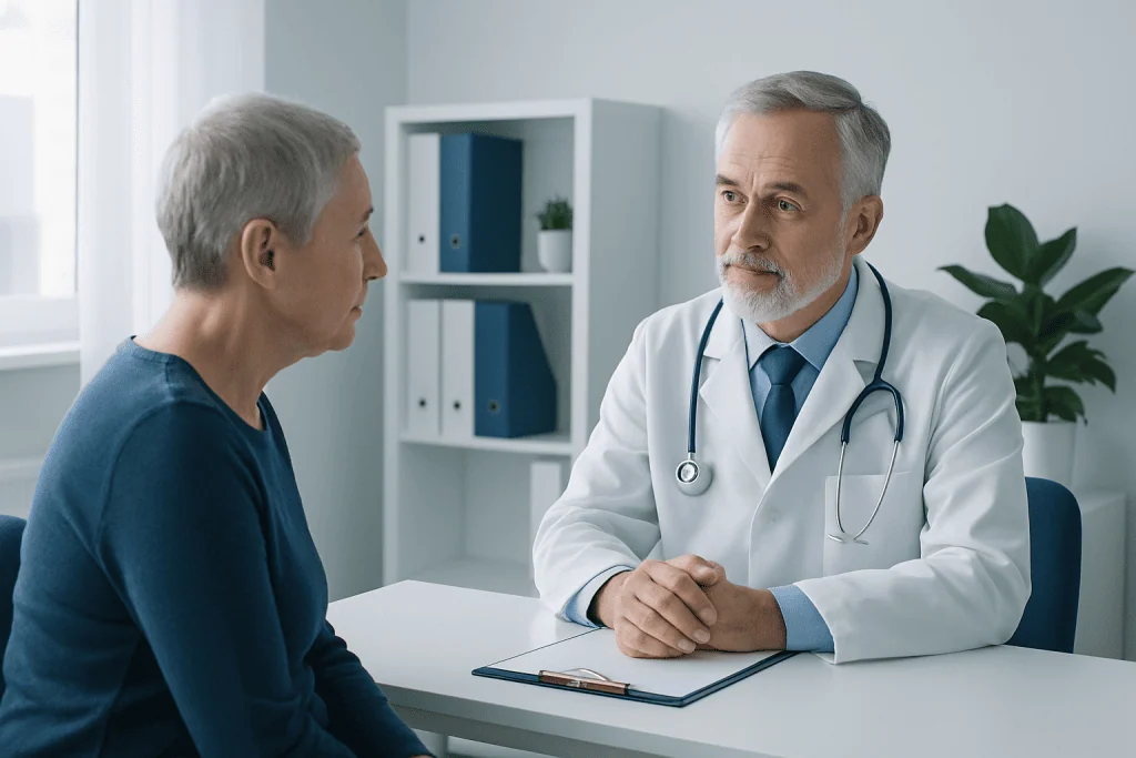 Doctor consulting with an elderly female patient in a medical office.