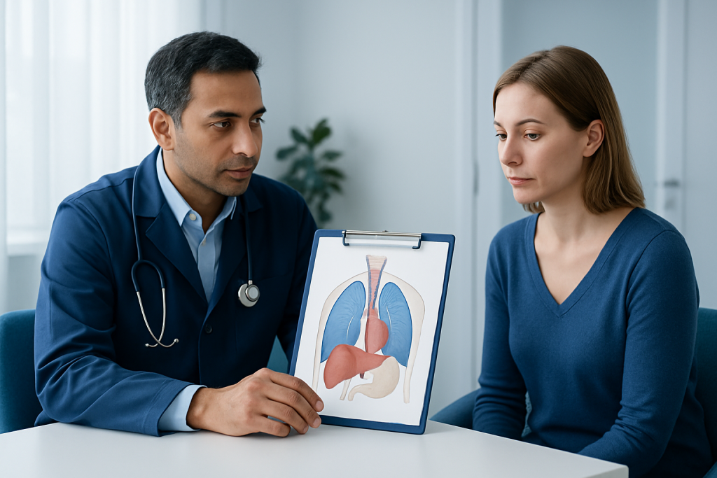 Doctor explaining respiratory system to patient with diagram of lungs and stomach.