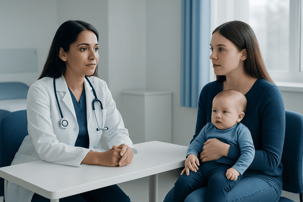 Doctor consulting with mother and baby in hospital setting.