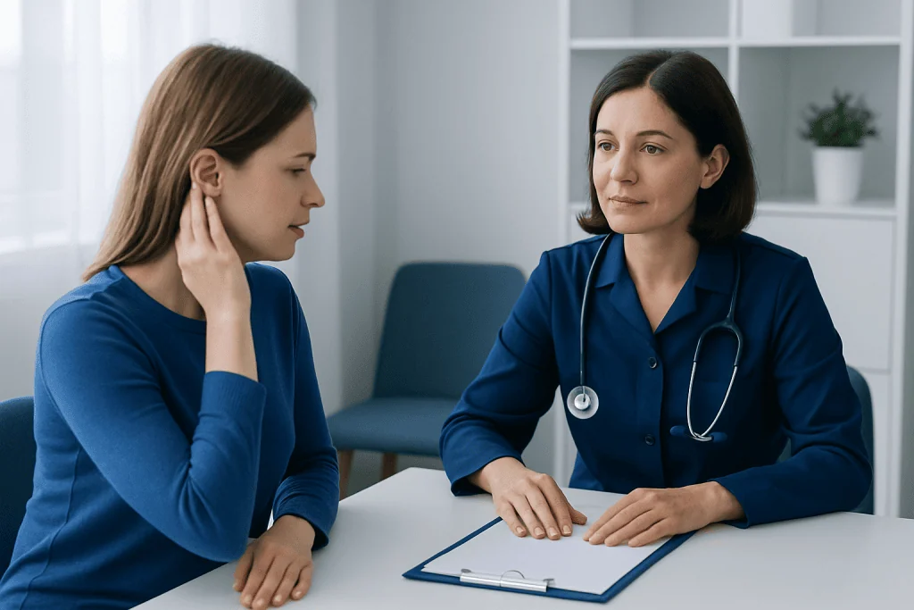 Doctor consulting with a young woman about ear health in a medical office.