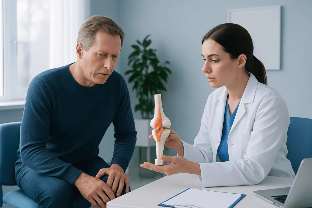 Doctor explaining meniscus injury to patient in a consultation room.