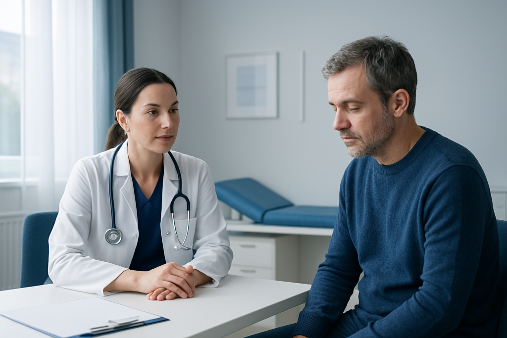 Doctor consulting with a patient in a hospital room.