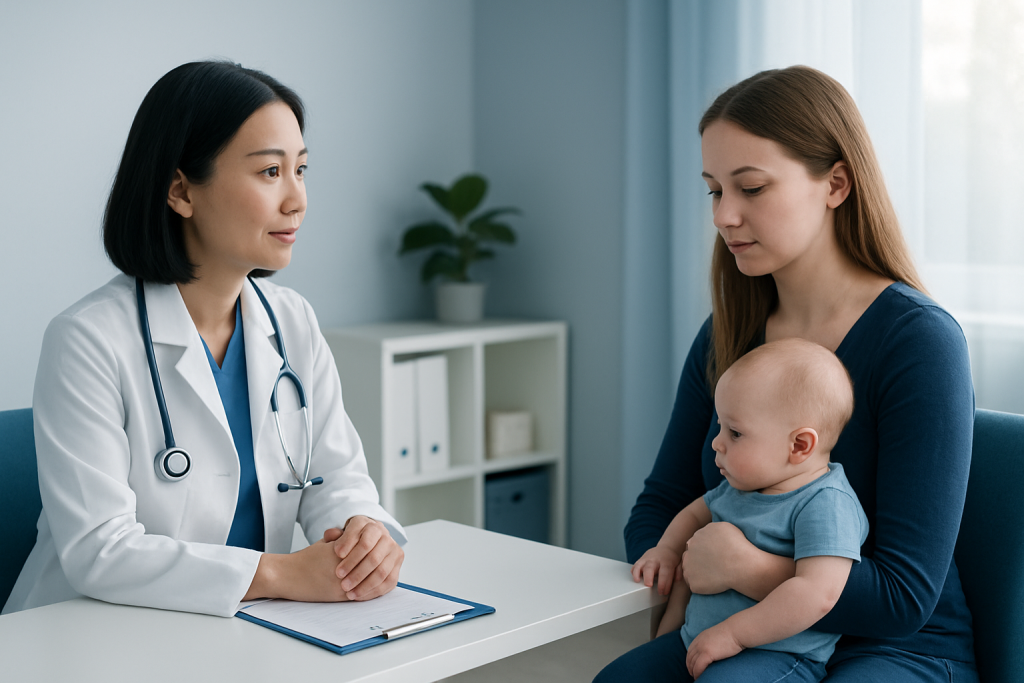 Pediatric consultation at Acibadem Hospital with doctor and mother with baby.