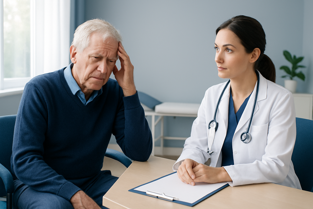Doctor consulting with an elderly patient about health concerns in a clinic.