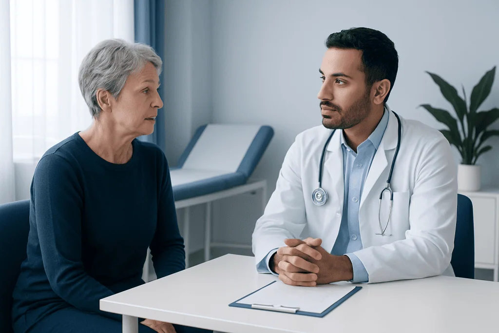 Doctor consulting with an elderly female patient in a medical office.
