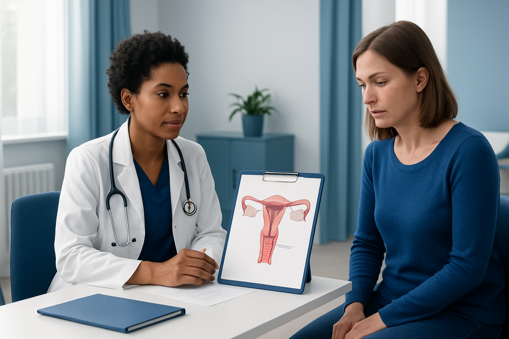 Gynecologist explaining uterine health to a patient with a diagram of the female reproductive system.