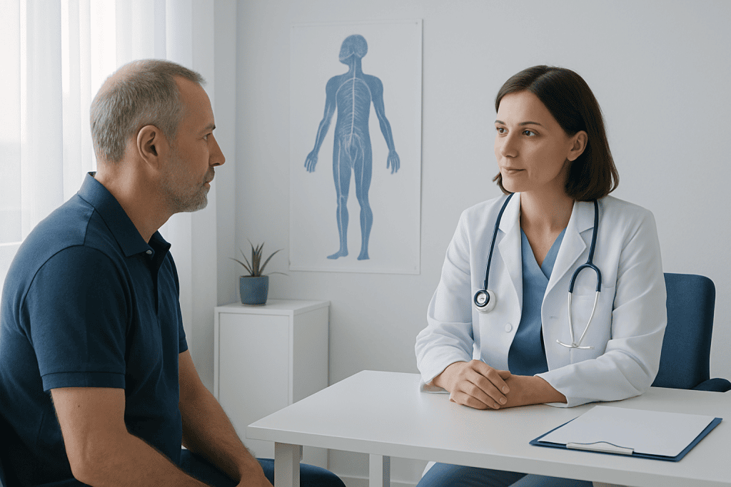 Doctor consulting with a patient in a medical office with a nervous system diagram on the wall.