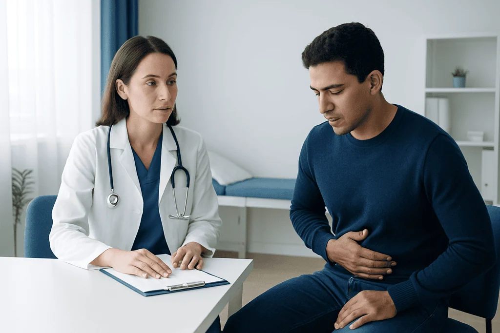 Doctor consulting patient with stomach pain in clinic.