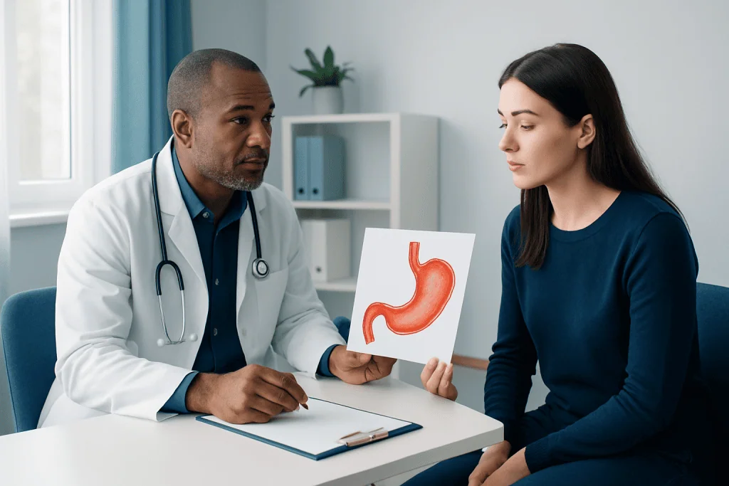 Doctor explaining stomach health to a patient with stomach diagram.