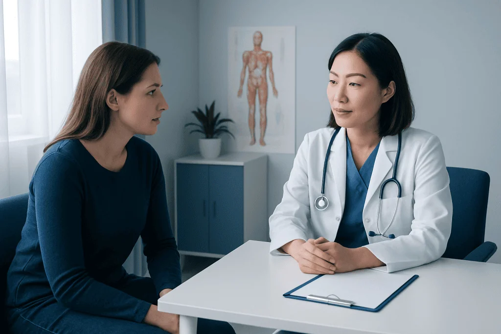 Doctor consulting with a female patient in a modern medical office.