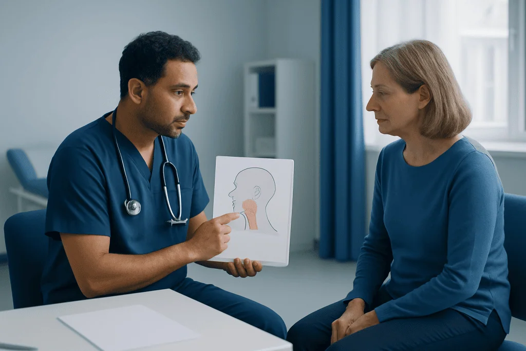 Doctor explaining head and neck anatomy to a patient in a consultation room.