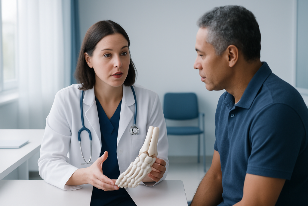 Doctor explaining foot anatomy to patient in a medical consultation.