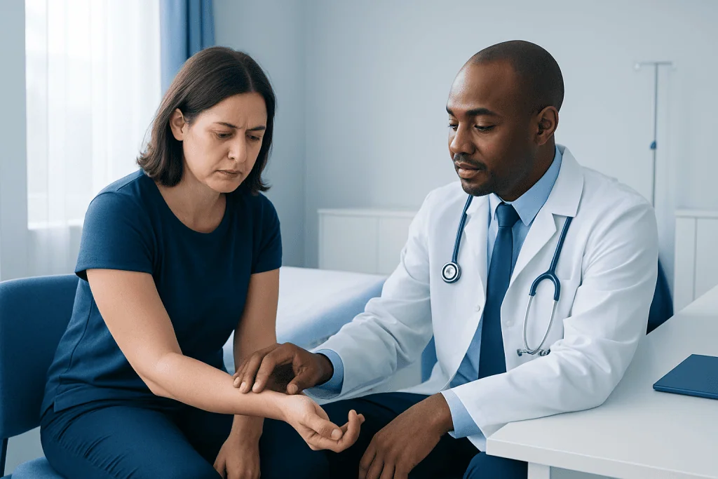 Doctor examining patient's wrist for radial tunnel syndrome symptoms.