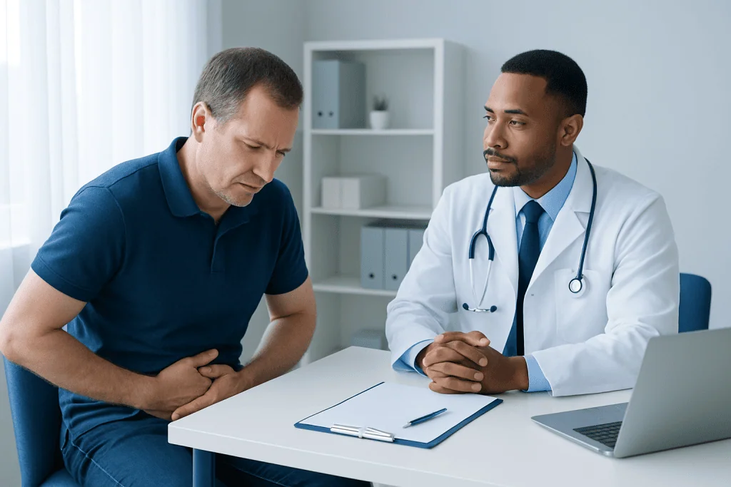 Doctor consulting with patient about inguinal health at Acibadem Hospital.
