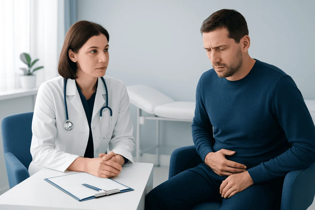Doctor consulting with a male patient about digestive health issues.
