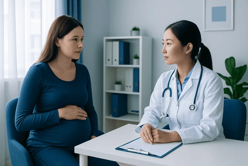 Pregnant woman consulting with a doctor in a medical office.