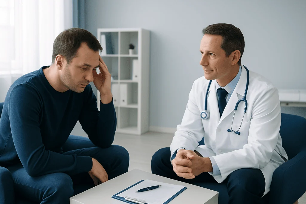 Doctor consulting with a patient about memory issues in a modern clinic.