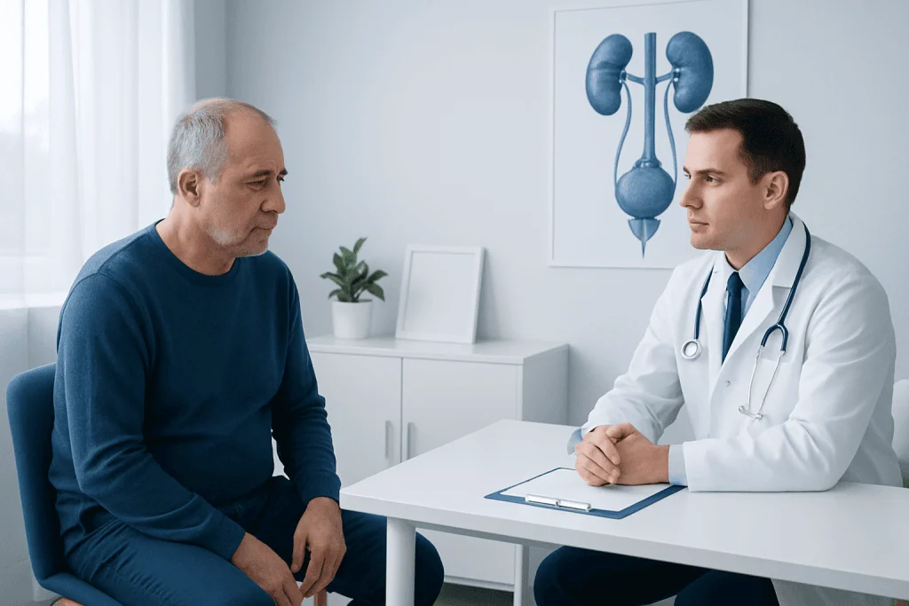 Urologist consulting with an older male patient in a medical office.